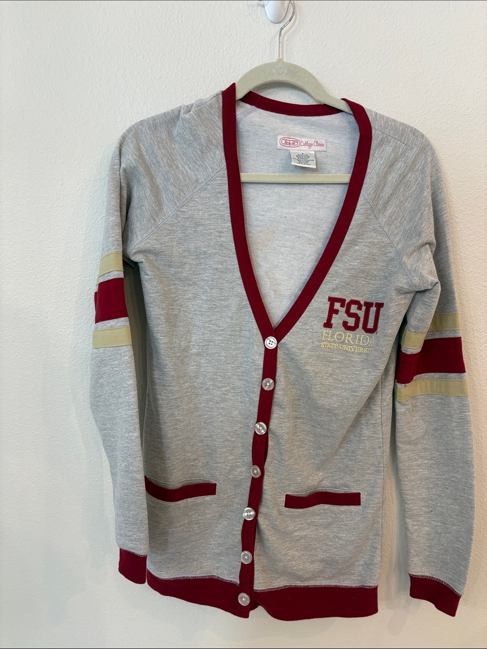 FSU Gray V-Neck Women’s Cardigan with Garnet Trim